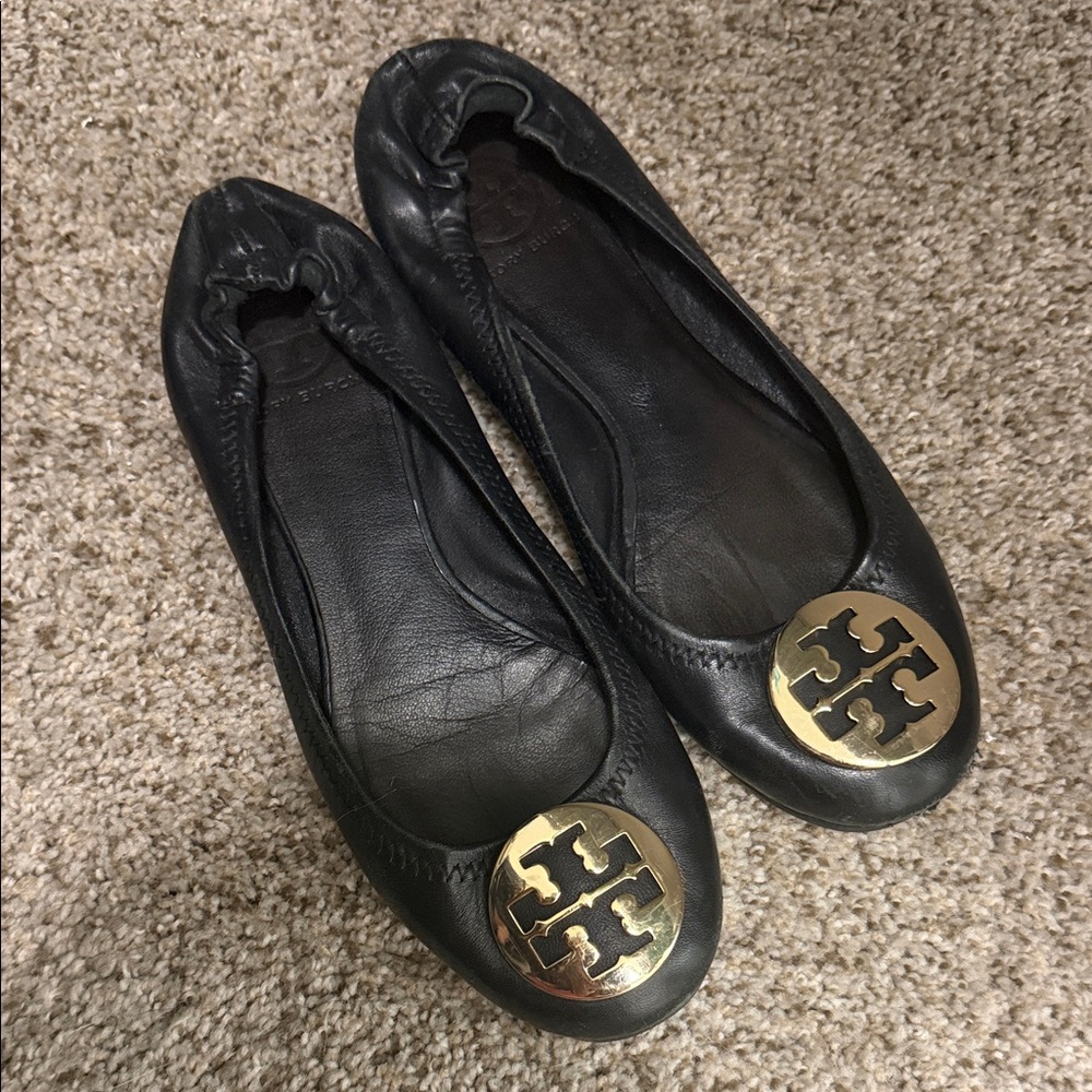 Tory Burch Black Leather Flats with Gold Emblem